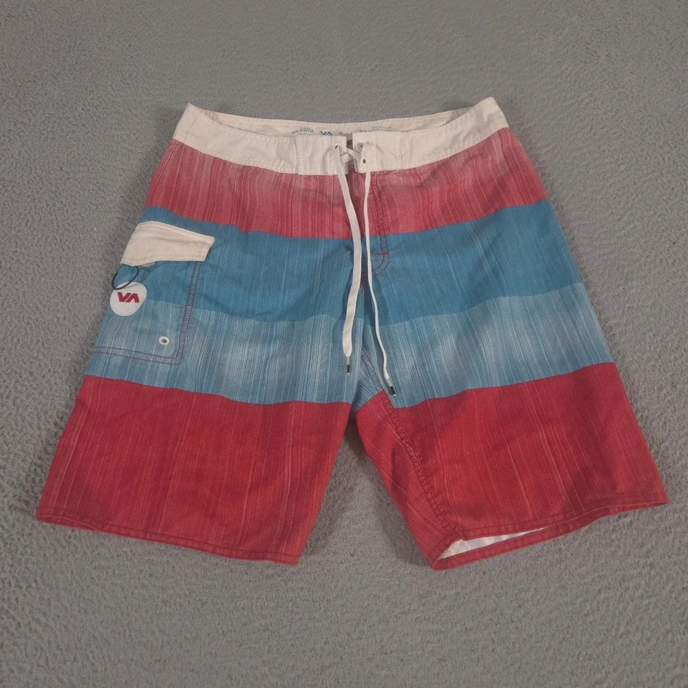RVCA Shorts Mens 33 Red Blue Striped Board Classic Non-Stretch Pocket Swim Trunk